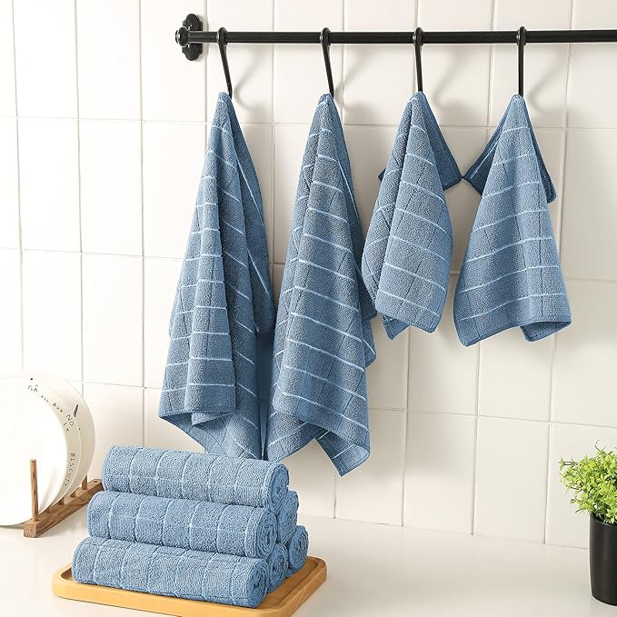 Microfiber Kitchen Towels and Dishcloths Set, 26 X 18 Inch and 12 X 12 Inch, Set of 12 Bulk Lint Free Dish Towels for Drying Dishes, Blue