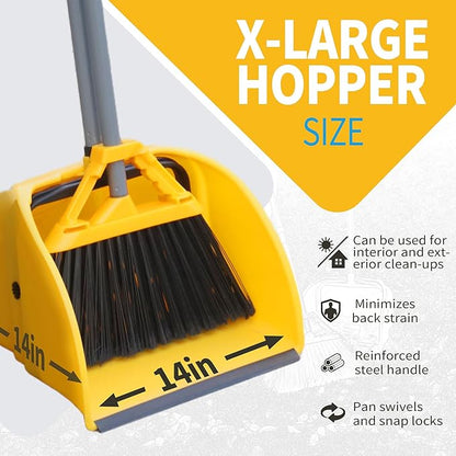 Commercial Broom and Dustpan Set, Jumbo Lobby Debris Dustpan (14inch*14inch), Heavy Duty Broom (14inch Width),for Indoor and Outdoor Cleaning,2 Sets, Yellow