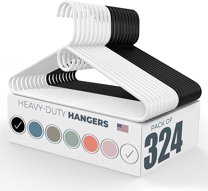 Neaties Heavy Duty Clothes Hangers 100+ Pack (324 Count) – Made in The USA – 8lb Capacity Plastic Hangers for Adult Clothing – Durable for Pants, Coats, Jackets, or Jeans – White & Black