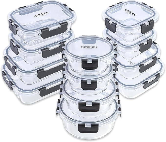 KITCHEN SHOPPE 24-Piece Glass Food Storage Containers with Hinged Lock Lids | Airtight Containers for Meal Prep, Lunch or Leftovers | Oven/Freezer & Dishwasher Safe | Glass Tupperware Set