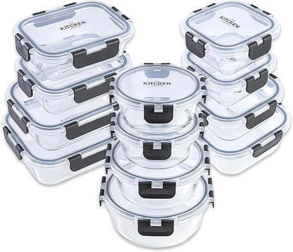 KITCHEN SHOPPE 24-Piece Glass Food Storage Containers with Hinged Lock Lids | Airtight Containers for Meal Prep, Lunch or Leftovers | Oven/Freezer & Dishwasher Safe | Glass Tupperware Set