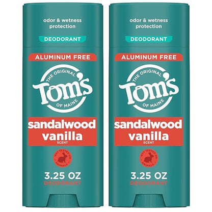 Tom’s of Maine Sandalwood Vanilla Aluminum Free Natural Deodorant For Women & Men | Goes on Clear | Odor & Wetness Protection | Naturally Derived and Moisture-Locking Ingredients | 3.25 oz (2 Pack)