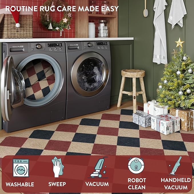 Lahome Christmas Runner Rug, 2x8 Christmas Kitchen Decor Checkered Non Slip Entryway Runner Rug, Checkerboard Red and Black Indoor Outdoor Xmas Decorations for Hallway 8ft Entry Bathroom
