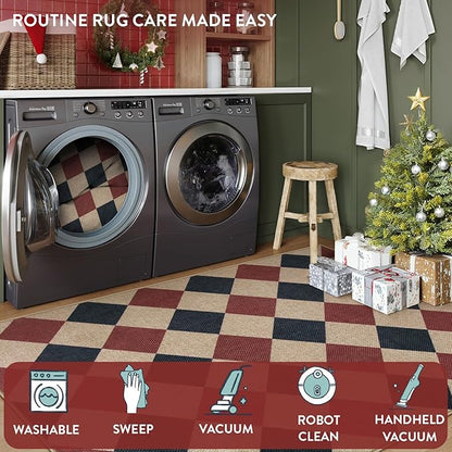 Lahome Christmas Outdoor Rug, 3x5 Outdoor Christmas Decor Rugs for Entryway Front Door Indoor Outdoor Plaid Carpet, Checkered Red and Black Non Shedding Carpet for Patio Porch