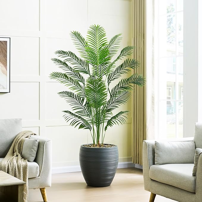 2 Pack Artificial Palm Tree 7FT Artificial Plants Indoor Tropical Fake Palm Tree Areca Floor Plant in Black Pot with 18 Trunks & Real Bark Design, Faux Palm Plant for Outdoor Patio Home Office Decor
