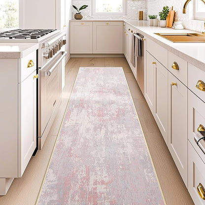 Washable Area Rugs 2'x10' Non-Slip Modern Abstract Soft for Living Room Entryway Bedroom Nursery, Print Pattern, Grey Pink
