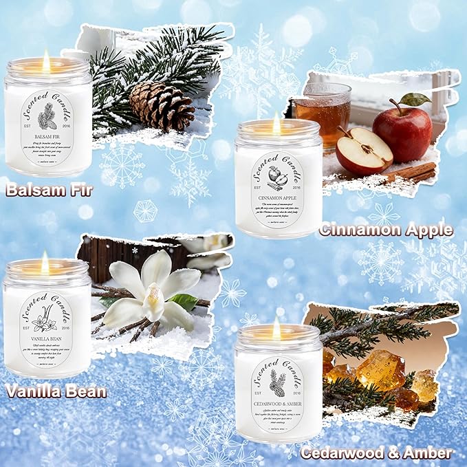 Winter Candle Gift Set, 4 Pack 28oz Soy Wax Scented Candles for Home – Cinnamon Apple, Balsam Fir, Vanilla Bean, Cedarwood & Amber – Cozy Aromatherapy Candles for Holiday & Home Decor Gifts