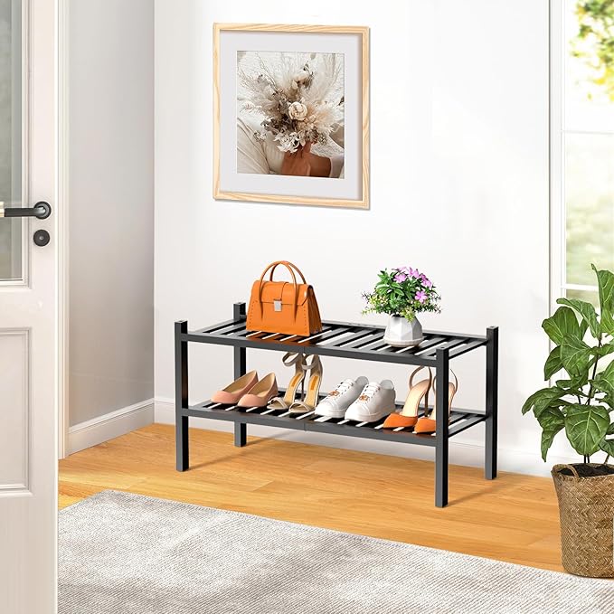 RONGJlA 2 Tier Bamboo Shoe Rack for Closet Free Standing Wood Shoe Shelf Storage Organizer for Entryway Small Space Stackable, Black
