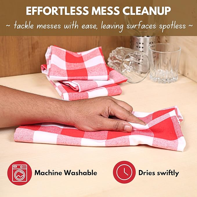 Native Fab 4-Pack Kitchen Towel with Hanging Loop 16x26 inches, Cotton Buffalo Check Kitchen Towels for Cleaning Drying, Washcloths Soft & Absorbent Cloth Rags, Bar Towel, Dish Cloth, Red