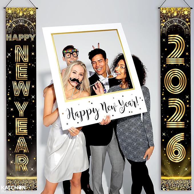 KatchOn, XtraLarge Happy New Year Banner - 72x12 Inch | New Years Decorations 2026 | New Years Eve Party Supplies 2026, Nye Decorations 2026 | Door Banner for Happy New Year 2026 | Nye Decor 2026