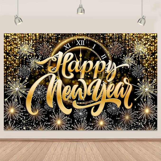 Gold Happy New Year Banner Backdrop Gold Clock Fireworks 2026 Happy New Year Decorations Sparkling Backdrop for NYE Party 2026 Countdown Decor 5.9×3.6 Ft (Polyester)