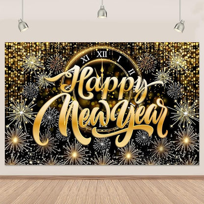 Gold Happy New Year Banner Backdrop Gold Clock Fireworks 2026 Happy New Year Decorations Sparkling Backdrop for NYE Party 2026 Countdown Decor 5.9×3.6 Ft (Polyester)