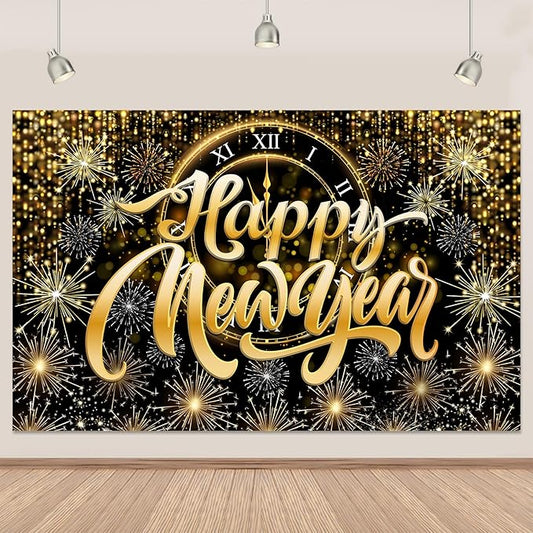Gold Happy New Year Banner Backdrop Gold Clock Fireworks 2026 Happy New Year Decorations Sparkling Backdrop for NYE Party 2026 Countdown Decor 5.9×3.6 Ft (Polyester)