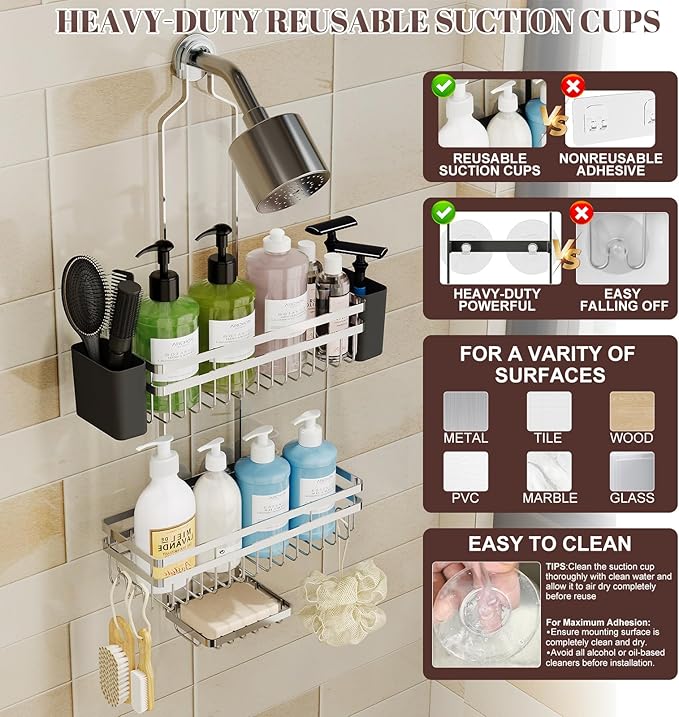 Shower Caddy Hanging for Bathroom Organizers and Storage, Adjustable Anti-Swing Shower Organizer for Wall-Mounted Showerhead with Heavy-Duty Suction Cups, Damage-Free Rustproof (Chrome)