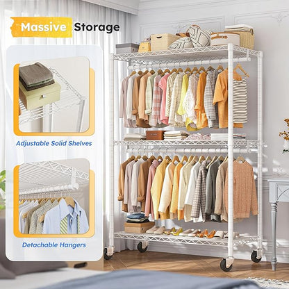 Raybee Heavy Duty Clothes Rack, 81" H Clothing Racks for Hanging Clothes, Clothing Rack with Wheels and Adjustable Feet, Max Load 440LBS, White