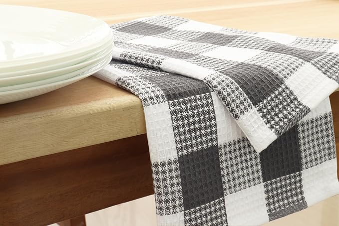 PurpleEssences 100% Cotton Waffle Weave Check Plaid Kitchen Towels, Super Soft and Absorbent Dish Towels for Drying Dishes 15 x 25-4 Pack - Fall Thanksgiving - Steel Grey and White