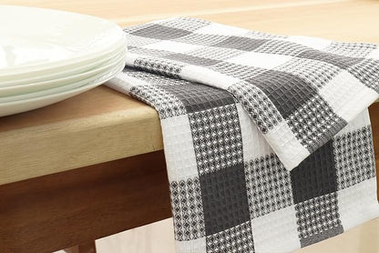 PurpleEssences 100% Cotton Waffle Weave Check Plaid Kitchen Towels, Super Soft and Absorbent Dish Towels for Drying Dishes 15 x 25-6 Pack - Fall Thanksgiving - Steel Grey and White