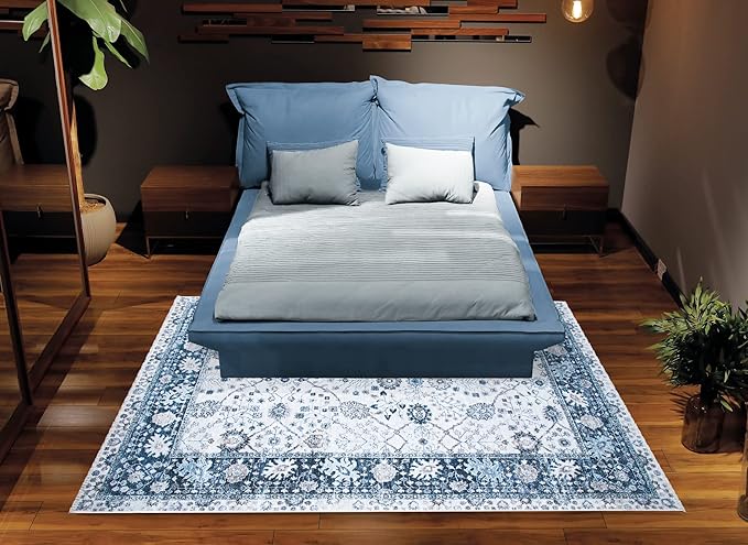Bloom Rugs Caria Washable Non-Slip 8x10 Rug - Navy Blue Traditional Bordered Area Rug for Living Room, Bedroom, Dining Room, and Kitchen - Exact Size: 7'8" x 10'
