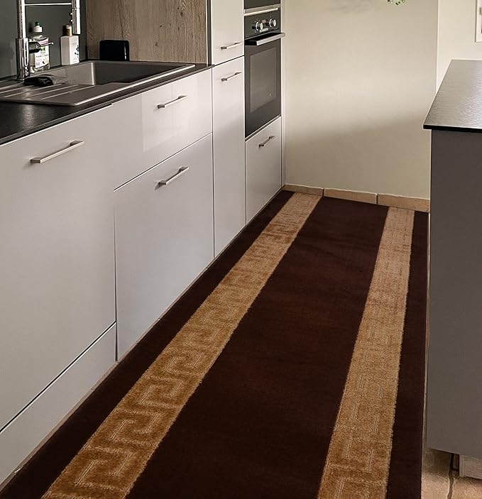 Washable Custom Size Runner Rug Meander Design Brown Beige, (24 Feet Length x 26 Inch Width) Custom Cut Slip Resistant Rubber Backing Runner Rugs, Extra Long Runner Rugs for Hallways