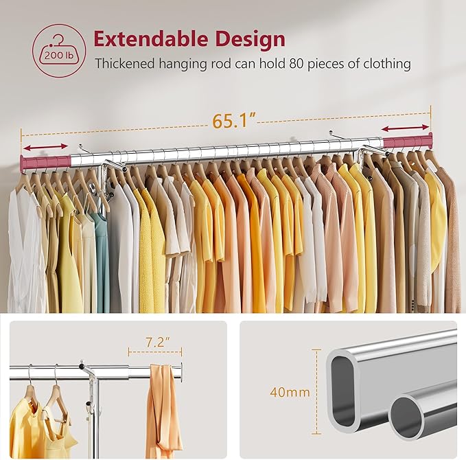 Tajsoon Clothes Rack with Cover, Heavy Duty Clothing Rack with Sturdy Wheels Load 350 LBS, Rolling Garment Racks with Extendable Hanging Rod & 4 Hooks, Chrome