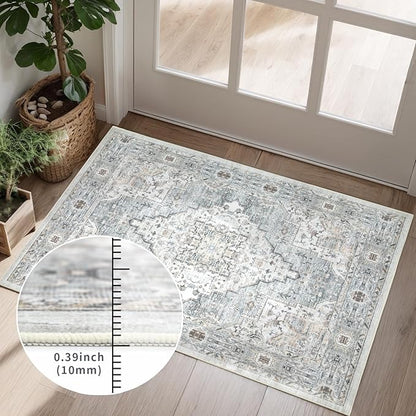 Area Rug 9×12 Washable Rugs for Bedroom, Vintage Floral Rug Soft Non Slip Stain Resistant Carpet for Living Room Dinning Room Kitchen Home Office Blue Green Multi