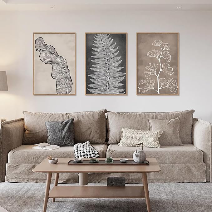 HLNIUC Botanical Neutral Framed Wall Art Set, Abstract Fern Leaf Canvas Wall Decor, Vintage Rustic Plant Wall Painting, Black Beige Nature Art Print for Living Room, Bedroom, Office - 24"x36"x3