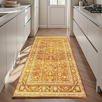OPPODREAM Thin Vintage Orange 3x6 Runner Rug, 3 x 6 Retro Washable Rug Non Slip, Low-Pile Faux Wool Carpet, Distressed Floor Mat for Kitchen, Hallway, Entry-Way, Entrance, Indoor Back Door
