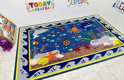 Fish in The Sea Educational Rug 7'6" x 12' Rectangle, Alphabet Nursery Area Rug for Kids | Learning Rug for Children's Classroom | Kids Playroom Rug | School Carpet for Kids