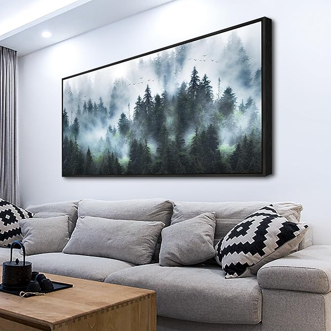 Wapluam Foggy Forest Landscape Canvas Wall Art - Black Framed Canvas Prints for Living Room, Office, Bedroom Wall Decor
