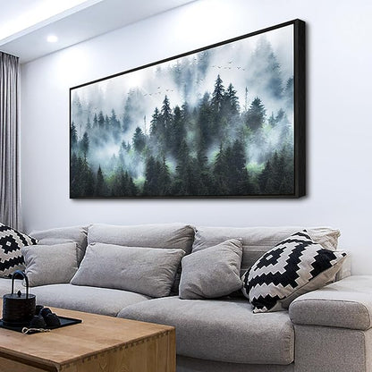 Wapluam Foggy Forest Landscape Canvas Wall Art - Black Framed Canvas Prints for Living Room, Office, Bedroom Wall Decor