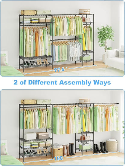 Ulif E11 Heavy-Duty Garment Rack, Metal Freestanding Clothes Rack and Closet Storage Organizer System with 8 Shelves and 4 Hanger Rods, (73.2 - 97.6)"W x 14.5"D x 71.2"H, Load 1034 LBS, Black