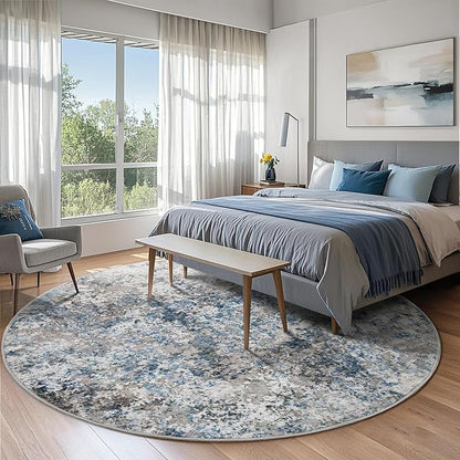 6ft Round Area Rug for Living Room- 6x6 Washable Neutral Abstract Rug for Bedroom Modern Soft Dining Room Rug No Slip Low Pile Carpet for Nursery Home Office Decor - Grey/Blue