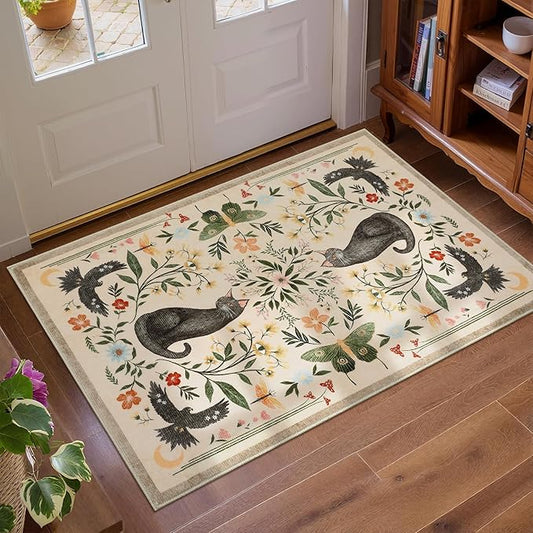GarveeHome Cat Entryway Rug, 2x3 Mushroom Insect Beige Washable Front Door Rug Indoor Entrance Floral Carpet Non-Slip Low Pile Throw Rugs for Kitchen Floor, Powder Room, Entry, Bathroom, Kids Room