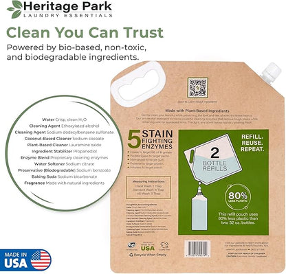 Heritage Park All-Purpose Shore Breeze, Lightly Scented, pH-Neutral Laundry Detergent - Stain-Fighting Enzymes, Ultra Concentrated (64 fl oz Refill Pouch)