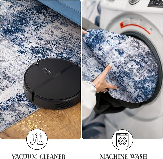 Modern Abstract Hallway Runner Rug, Grey Navy Blue 2.6x8 Runner Rug, Washable Kitchen Runner Non-Slip Soft Thin Print Faux Wool Carpet for Entryway Bedroom Laundry Room Indoor