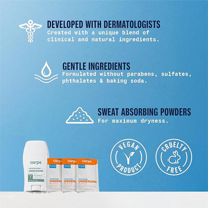 Carpe Antiperspirant Underarm and On-The-Go Wipes Package (1 Underarm Clinical Strength, 15 Individual Antiperspirant On-The-Go Wipes), Stop Excessive Sweat - Great for Hyperhidrosis