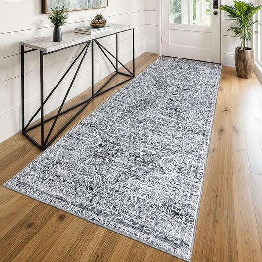 KUTA Washable Kitchen Runner 3x8, Grey Blue White Non Skid Washable 8ft Rug, Printed Vintage Distressed Tribal Area Rugs Ultra Soft Carpet Runners for Bedroom Living Room
