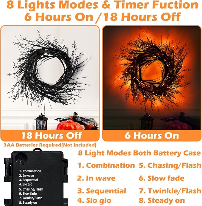 9 Ft 54 LED Halloween Willow Vine Twig Decor Garland with 8 Modes Timer Waterproof Battery Operated Scary Halloween Decorations for Home Wall Mantle Fireplace Decor