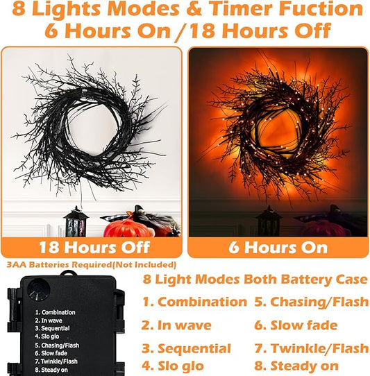 9 Ft 54 LED Halloween Willow Vine Twig Decor Garland with 8 Modes Timer Waterproof Battery Operated Scary Halloween Decorations for Home Wall Mantle Fireplace Decor