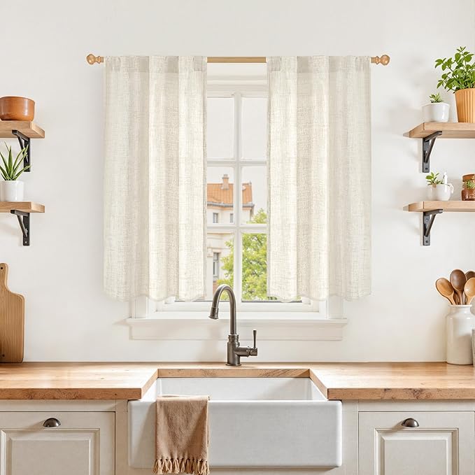 YoungsTex Linen Kitchen Window Curtains 40 Inch Length, Small Cafe Drapes with Rod Pocket Back Tab Semi Sheer for Bathroom Windows Over Sink, 2 Panels, 24 X 40 Inch