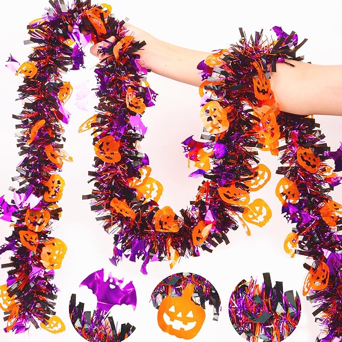 33FT Halloween Tinsel Garland with Orange Pumpkin Purple Bat Ornament, Shiny Metallic Twist Garland Outdoor Indoor Halloween Decorations for Home Table Office Classroom Fireplace Party Decor