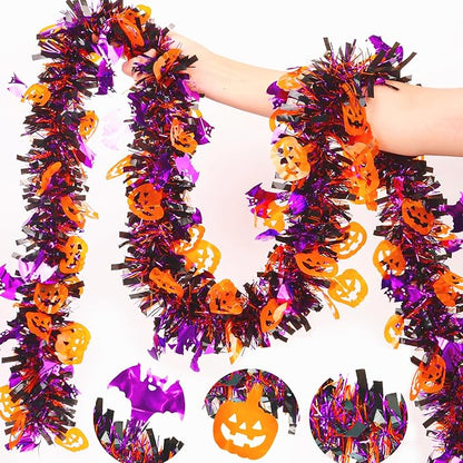 33FT Halloween Tinsel Garland with Orange Pumpkin Purple Bat Ornament, Shiny Metallic Twist Garland Outdoor Indoor Halloween Decorations for Home Table Office Classroom Fireplace Party Decor