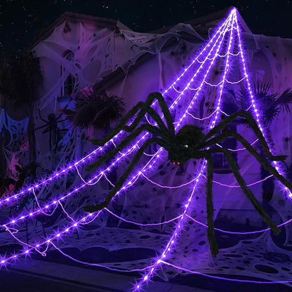 inst Spider Webs Halloween Decorations Outdoor 290LED Halloween Spider Web Lights Decoration with 78.7'' Large Spider & 3.53oz Stretch Cobweb 23Ft Giant Lighted Web with 8 Modes (Purple)