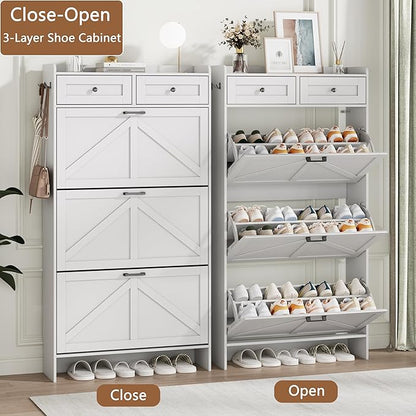 Shoe Cabinet with 3 Flip Drawers & 2 Top Drawers, 57" Tall Freestanding Narrow Wooden Shoe Storage Organizer for Entryway, Hidden Slim Shoe Rack for Front Door Entrance, Hallway, Living Room, White