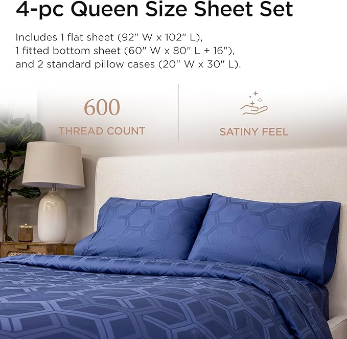 Threadmill 100% Cotton Sheets for Queen Size Bed - 600 Thread Count Queen Bed Sheets Set with 16” Deep Pocket - Jacquard Sateen Weave 4-Piece Bedding Set with Cooling Effect, Folkstone Blue