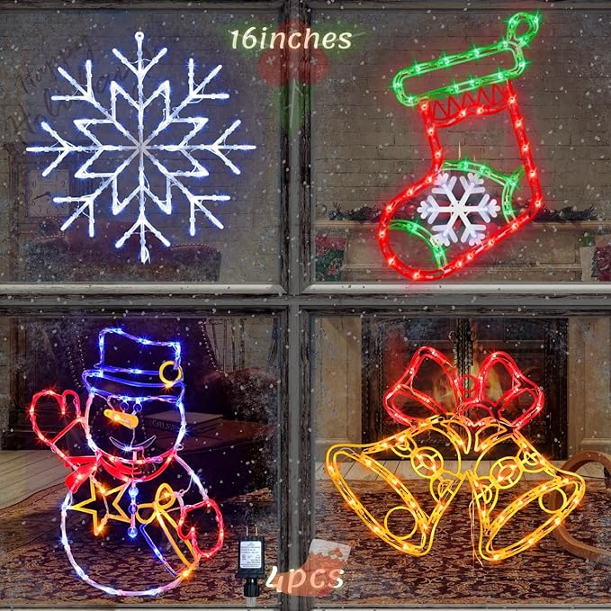 16" Christmas Window Silhouette Lights Decorations - 4 Pack Colour Lighted Snowman ＆ Christmas Stocking ＆ Bell＆ Snowflake for Holiday Wall Door Window Decorate