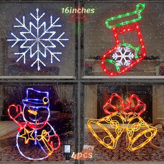 16" Christmas Window Silhouette Lights Decorations - 4 Pack Colour Lighted Snowman ＆ Christmas Stocking ＆ Bell＆ Snowflake for Holiday Wall Door Window Decorate
