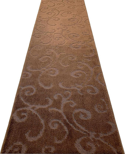 15 Ft Extra Long Non-Slip Washable Carpet Runner Rug with Rubber Backing (26" X 15'), Custom Floor Mat for Kitchen Hallway Stairs Bedroom Bathroom Entryway, Your Choice of Length, Scroll Brown