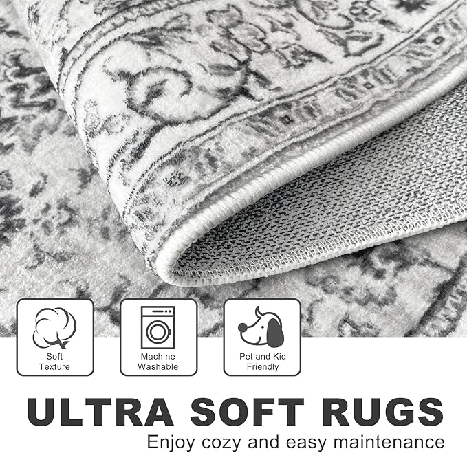 KILOCOCO Moroccan Kitchen Runner Rug 2x5 Runner Rug Washable Hallway Runners Printed Vintage Floral Non-Slip Rubber Backed Low Pile Distressed Boho Runners for Laundry Room Bedroom, Light Gray White
