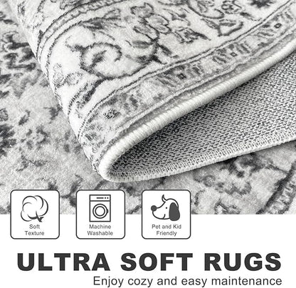 KILOCOCO Moroccan Kitchen Runner Rug 2x5 Runner Rug Washable Hallway Runners Printed Vintage Floral Non-Slip Rubber Backed Low Pile Distressed Boho Runners for Laundry Room Bedroom, Light Gray White